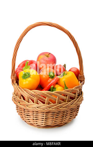 Set of fruits and vegetables in a basket isolated on white background. Stock Photo