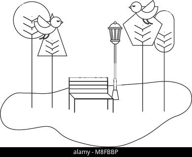 park bench trees birds natural spring landscape vector illustration thin line Stock Vector