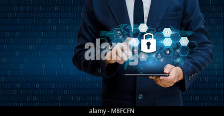 Unlocked smartphone lock Internet phone hand Businesspeople press the phone to communicate in the Internet. Cyber security concept hand protection net Stock Photo