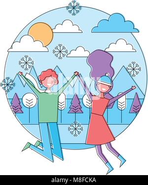 young couple jumping in the winter panorama vector illustration Stock Vector