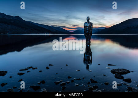 The 'Mirror Man', St Fillans, Perthshire. 'Still' sculpture on Loch Earn by Rob Mulholland. Stock Photo