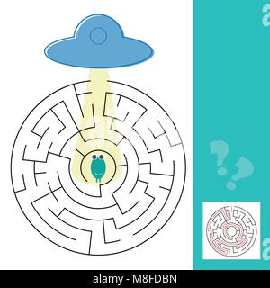 Labyrinth maze game with solution. Help alien to find path to UFO - Vector illustration Stock Vector