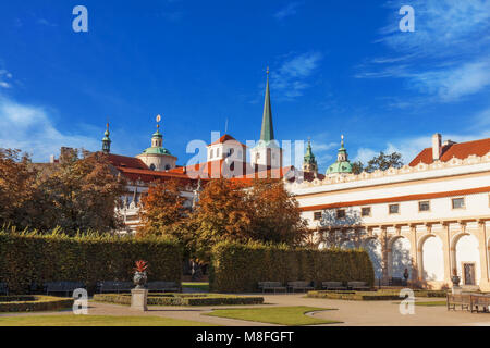PRAGUE - June 16th:  The view on the towers and rooftops of St Josef and St Nicholas church from the Wallenstein Garden on June 16th, 2017 in Prague,  Stock Photo