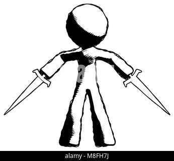 Ink design mascot man two sword defense pose. Stock Photo