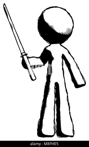 Ink design mascot man standing up with ninja sword katana. Stock Photo