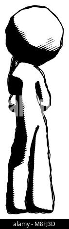 Ink design mascot man thinking or puzzled, contemplating something deep. Rear view. Stock Photo