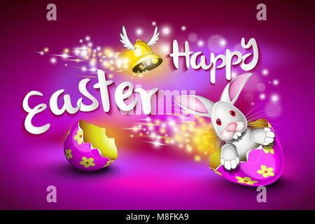 Happy Easter greeting card, a funny rabbit is driving a decorated egg shell over a pruple background Stock Vector