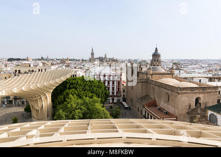 SEVILLE, SPAIN - MAY 2017: Panoramic view over Sevilla old town from the roof of Metropol Parasol Stock Photo