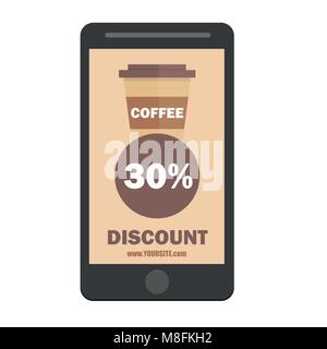 smartphone coffee cup discount icon. Coffee cup icon. Flat design style. Coffee paper cup silhouette in stylish color Stock Vector