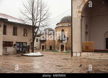 SARAJEVO, BOSNIA-ERZEGOVINA - FEBRUARY, 15: View of the Shadirvan Fountain on courtyard of Gazi Husrev-bey Mosque in Sarajevo on February 15, 2018 Stock Photo