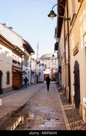 SARAJEVO, BOSNIA-ERZEGOVINA  - FEBRUARY, 16: Street of Bascarsija near the Gazi Husrev-bey Mosque on February 16, 2018 Stock Photo