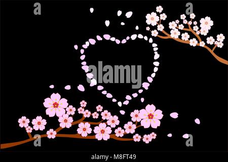 Love romance concept. Full bloom cherry blossoms and blowing/flying petals in heart shape; black background. Stock Vector