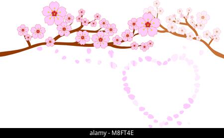 Love and wedding concepts. Full bloom cherry blossoms and blowing/flying petals in heart shape; isolated on white background. Stock Vector