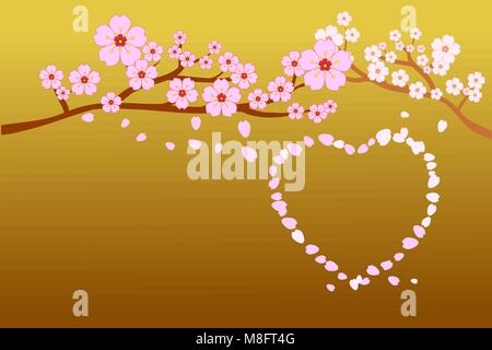 Full bloom cherry blossoms and blowing/flying petals in heart shape; on gradient gold background. Vector illustration - flat design. Stock Vector