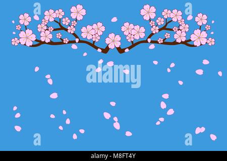 Full bloom cherry blossoms and blowing/flying petals on blue sky background. Vector illustration. Stock Vector