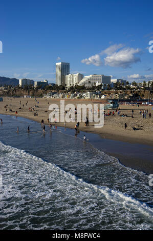 View of Santa Monica beach and downtown from the Santa Monica pier in Los Angeles, CA Stock Photo