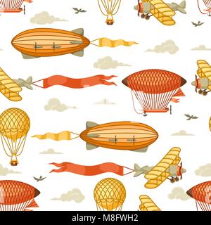 Seamless pattern with retro air transport. Vintage aerostat airship, blimp and plain in cloudy sky Stock Vector