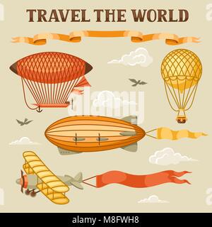 Set of retro air transport. Vintage aerostat airship, blimp and plain in cloudy sky Stock Vector