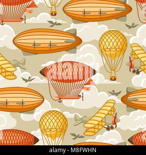 Seamless pattern with retro air transport. Vintage aerostat airship, blimp and plain in cloudy sky Stock Vector
