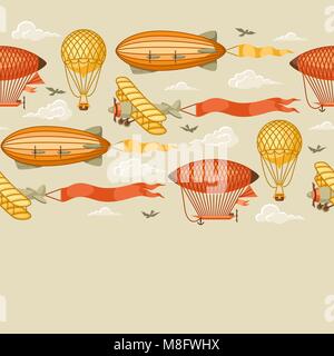 Seamless pattern with retro air transport. Vintage aerostat airship, blimp and plain in cloudy sky Stock Vector