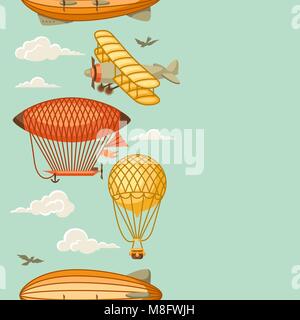 Seamless pattern with retro air transport. Vintage aerostat airship, blimp and plain in cloudy sky Stock Vector
