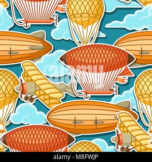 Seamless pattern with retro air transport. Vintage aerostat airship, blimp and plain in cloudy sky Stock Vector