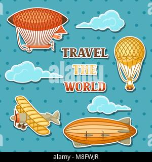 Set of retro air transport. Vintage aerostat airship, blimp and plain in cloudy sky Stock Vector