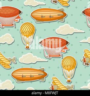 Seamless pattern with retro air transport. Vintage aerostat airship, blimp and plain in cloudy sky Stock Vector