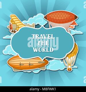Travel background with retro air transport. Vintage aerostat airship, blimp and plain in cloudy sky Stock Vector