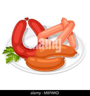 Set of sausages with parsley leaf on white plate Stock Vector