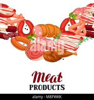 Seamless pattern with meat products. Illustration of sausages, bacon and ham Stock Vector