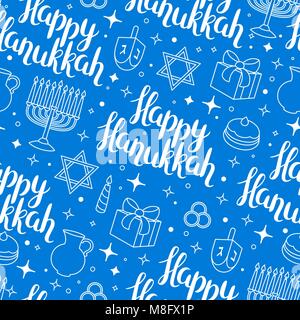Happy Hanukkah celebration seamless pattern with holiday objects Stock Vector