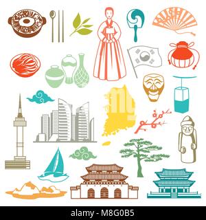 Korea icons set. Korean traditional symbols and objects Stock Vector