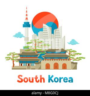 South Korea historical and modern architecture background design Stock Vector