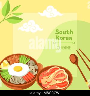 South Korea cuisine. Korean banner design with traditional symbols and objects Stock Vector