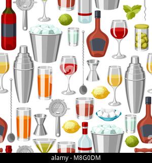 Cocktail bar seamless pattern. Essential tools, glassware, mixers and garnishes. Stock Vector