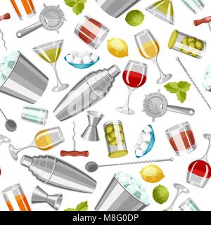 Cocktail bar seamless pattern. Essential tools, glassware, mixers and garnishes. Stock Vector