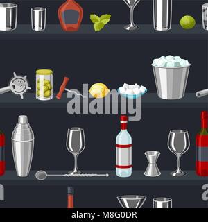 Cocktail bar seamless pattern. Essential tools, glassware, mixers and garnishes. Stock Vector