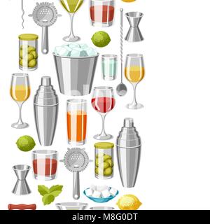 Cocktail bar seamless pattern. Essential tools, glassware, mixers and garnishes. Stock Vector