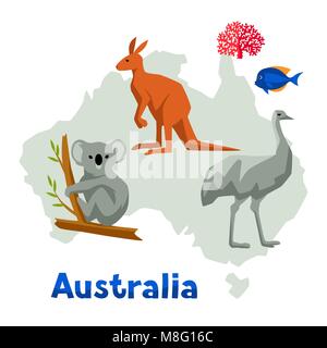Illustration of Australia map with wildlife animals. Stock Vector