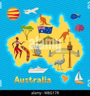 Australia map design. Australian traditional symbols and objects Stock Vector