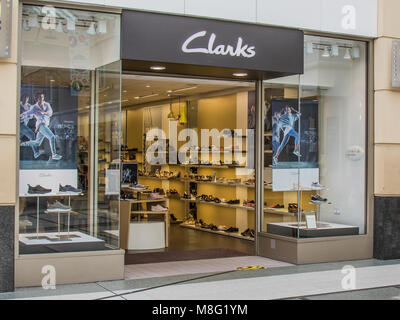 Clarks shoe shop, Stockport Town Centre Shopping area, Merseyway Stock Photo