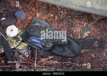 old and ragged shoe on a brick wall in moss Stock Photo