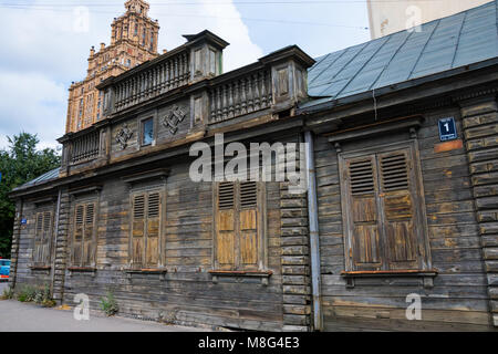 Riga, Latvia. August 23, 2017. Old wooden house facade Stock Photo