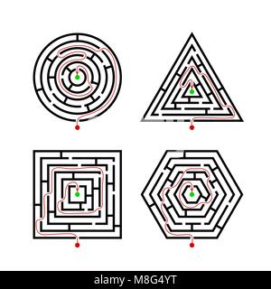 Set of Labyrinth Different Shapes for Game with with the marker correct route. Maze square, round, hexagon and triangle puzzle riddle logic game conce Stock Vector