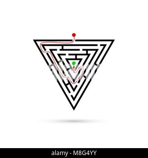 Triangle maze with way to center. Business confusion and solution concept. Flat design. Vector illustration isolated on white background Stock Vector