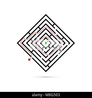 Rectangle maze with way to center. Logic game. Business confusion and solution concept. Flat design. Vector illustration isolated on white background Stock Vector