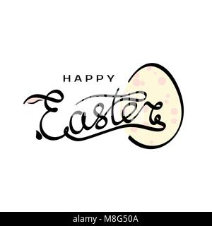 Hand drawn inscription Happy Easter with rabbit silhouette in letter E and egg template isolated on white background. Vector illustration for design h Stock Vector