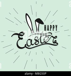Happy Easter greeting card with rabbit ears. Easter Bunny. Retro style inscription. Vector illustration Stock Vector