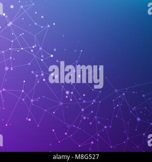 Connection structure. Particles in space. Abstract polygonal space low poly dark blue and purple background with connecting dots and lines. Vector ill Stock Vector